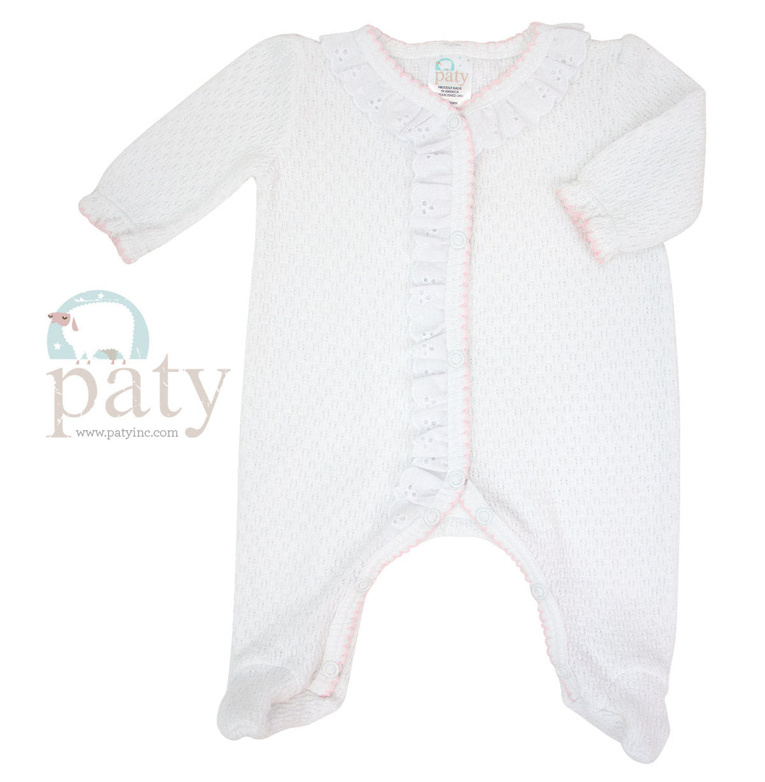 Footie with Eyelet and Puff Sleeve - Pink Trim - 117E