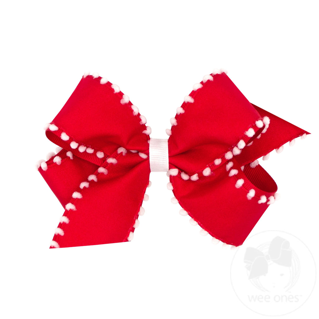 Wee Ones: Medium Holiday Style Pom-Pom Edge Grosgrain Overlay Girls Hair Bow