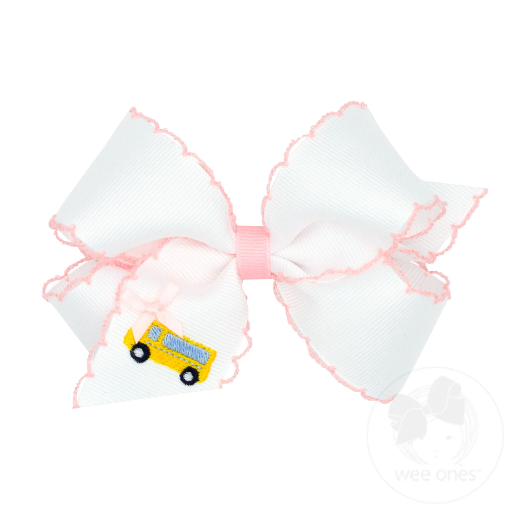 Wee Ones: Medium Grosgrain Hair Bow with Moonstitch Edge and School-themed Embroidery