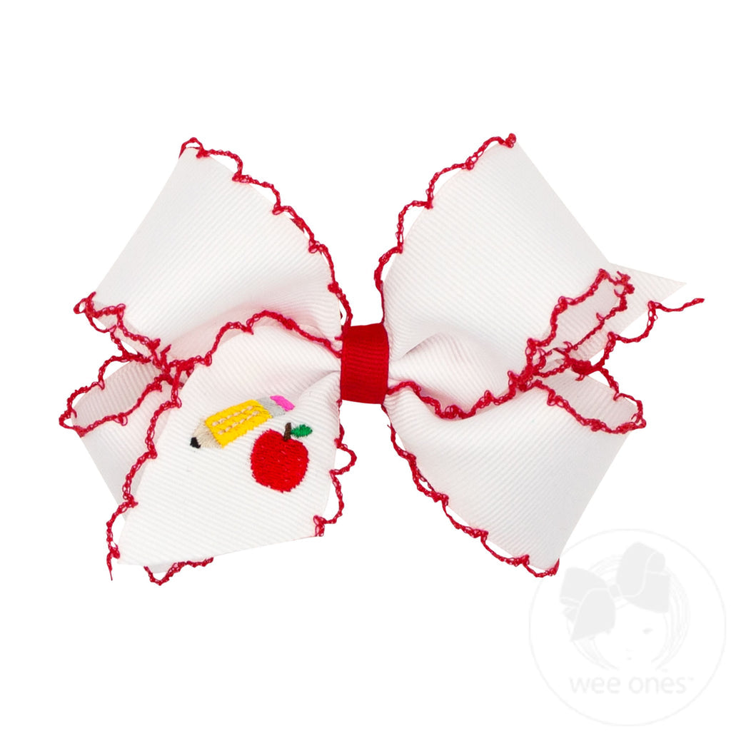 Wee Ones: Medium Grosgrain Hair Bow with Moonstitch Edge and School-themed Embroidery