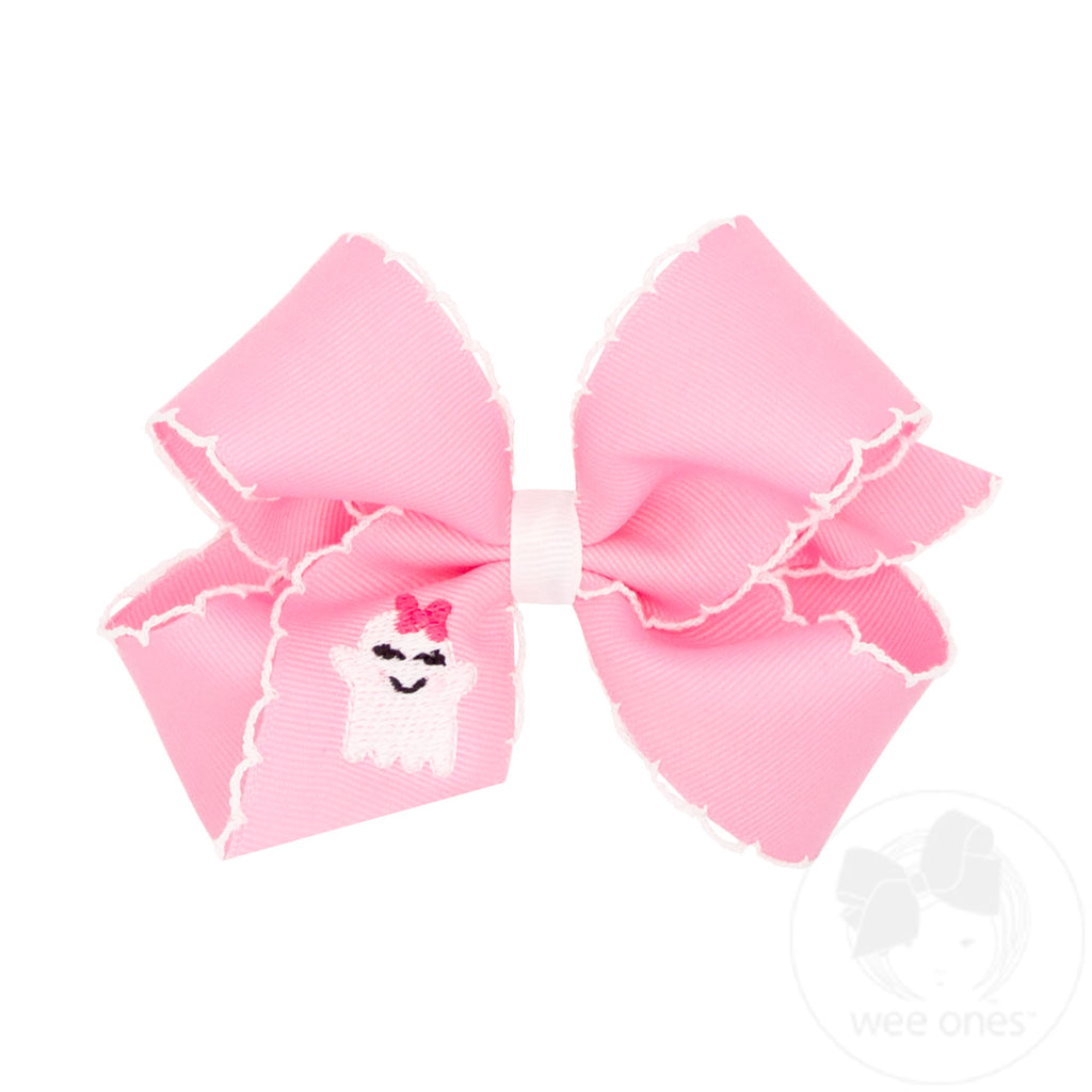 Wee Ones: Medium Grosgrain Hair Bow with Moonstitch Edge and Pink Ghost Embroidery
