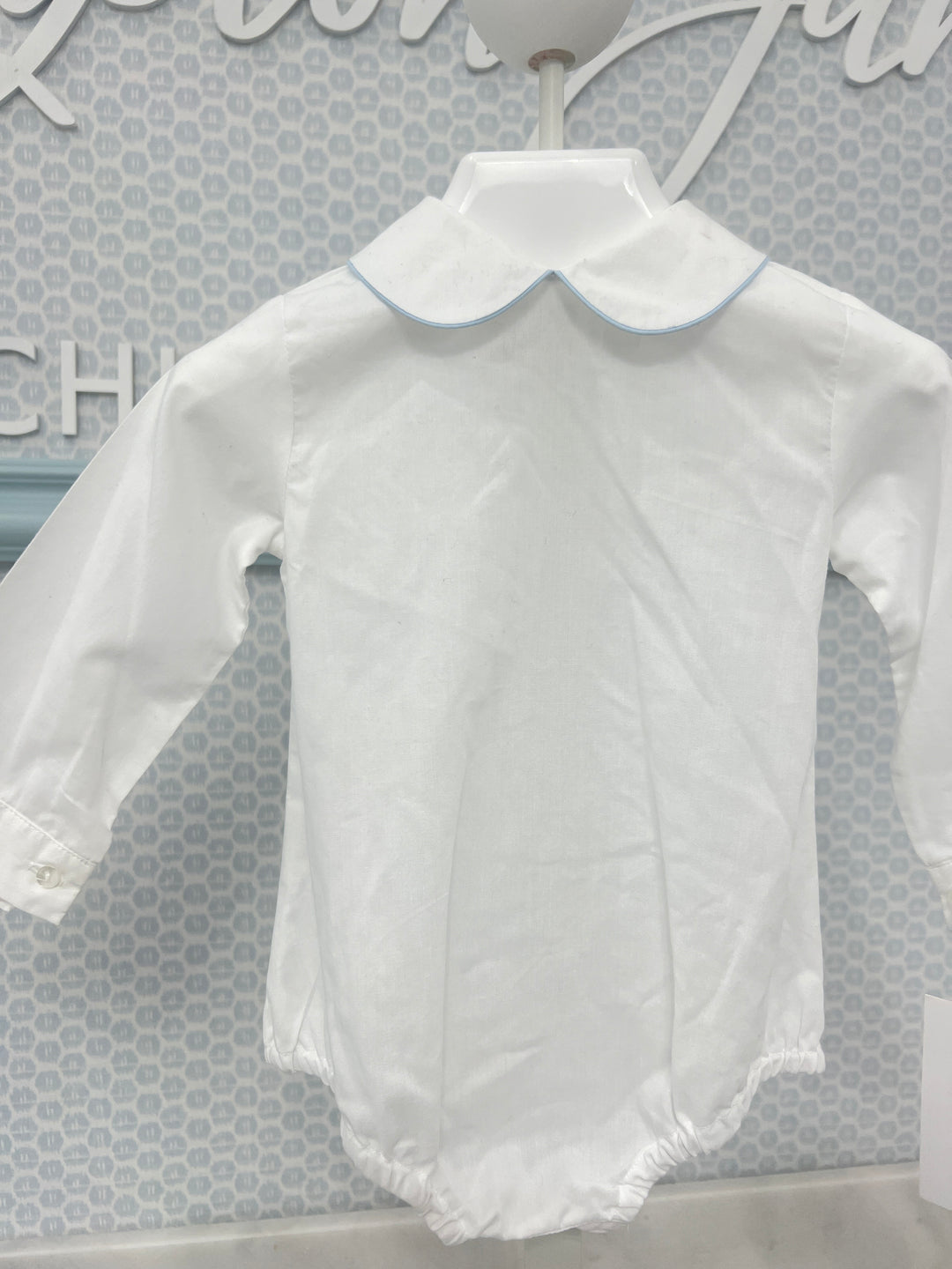 Rosalina White Long Sleeve Boy Bubble with Light Blue Trim-