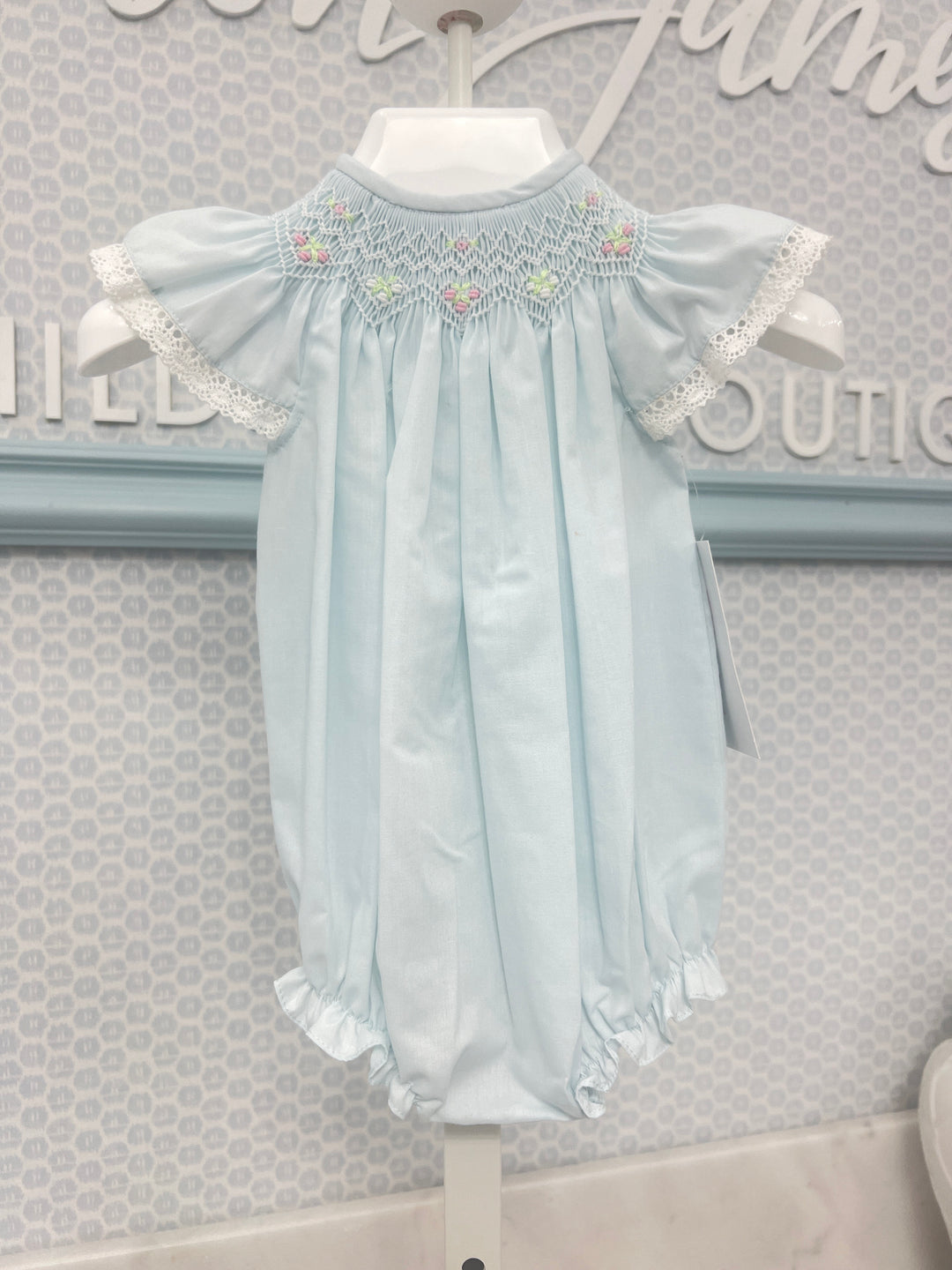 Blue with White Smocked Angel Sleeve Lacy Bishop Bubble