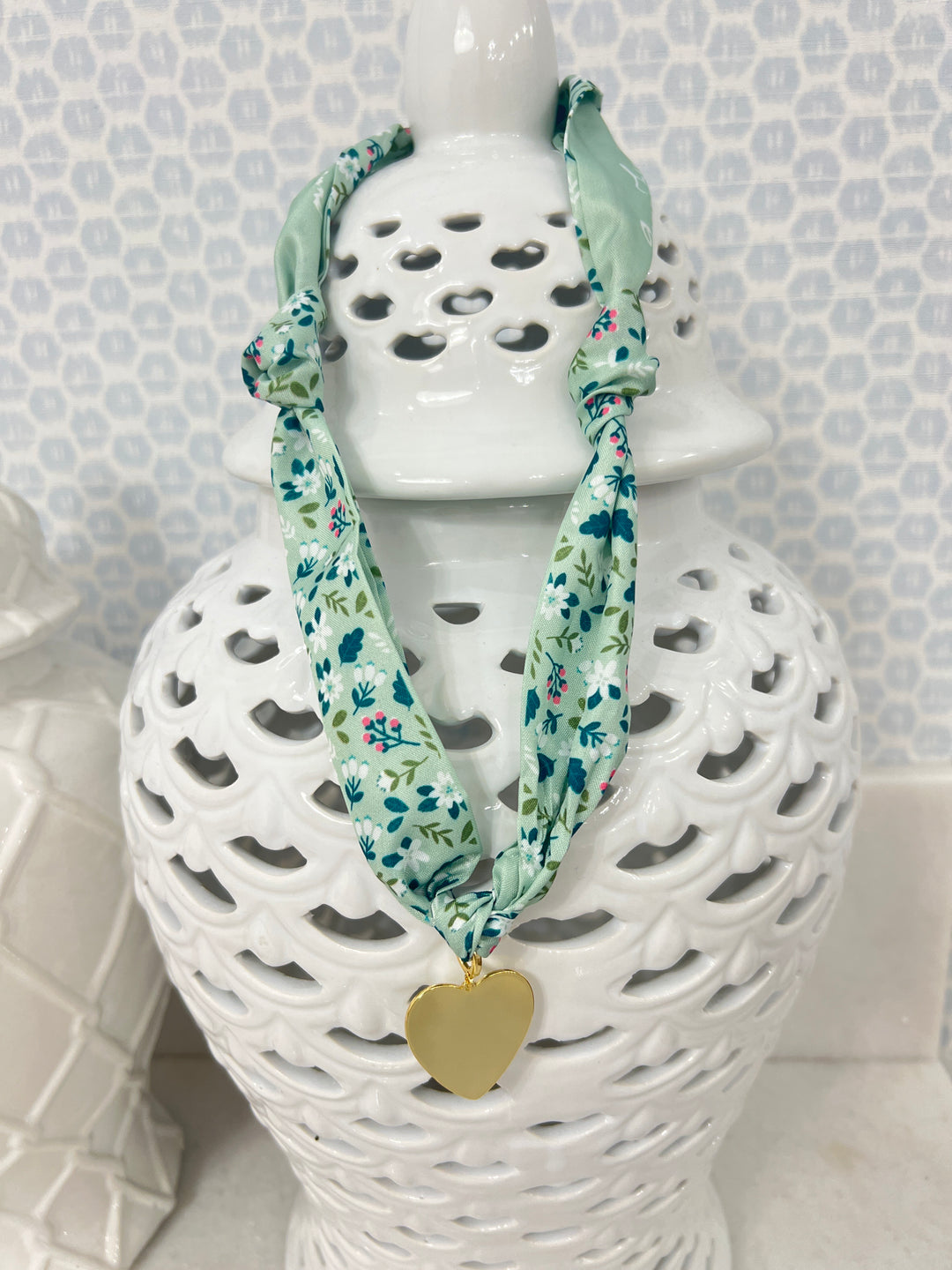Green Scarf with Flowers - Big Gold Heart Charm