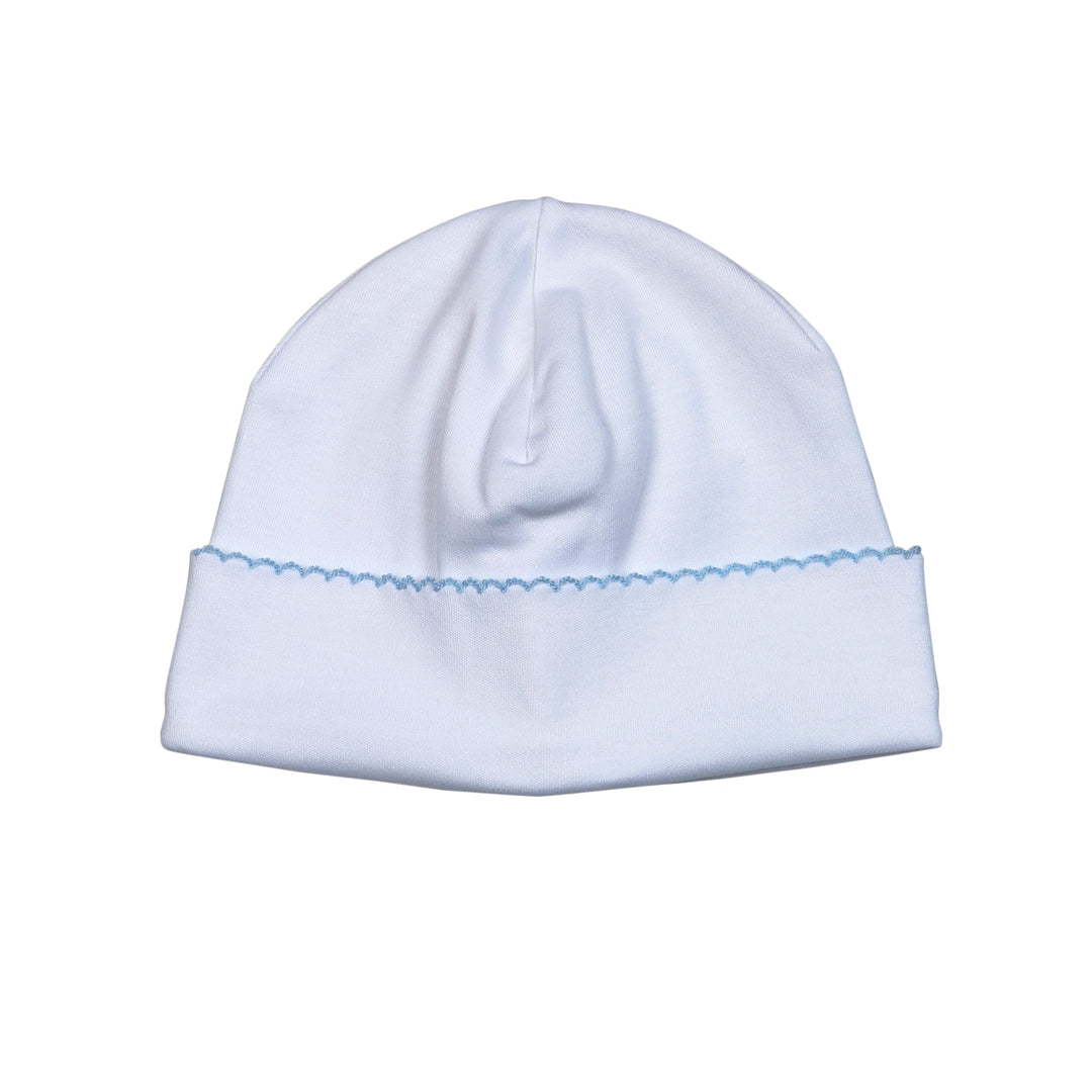 White Pima Beanie Blue Trim
