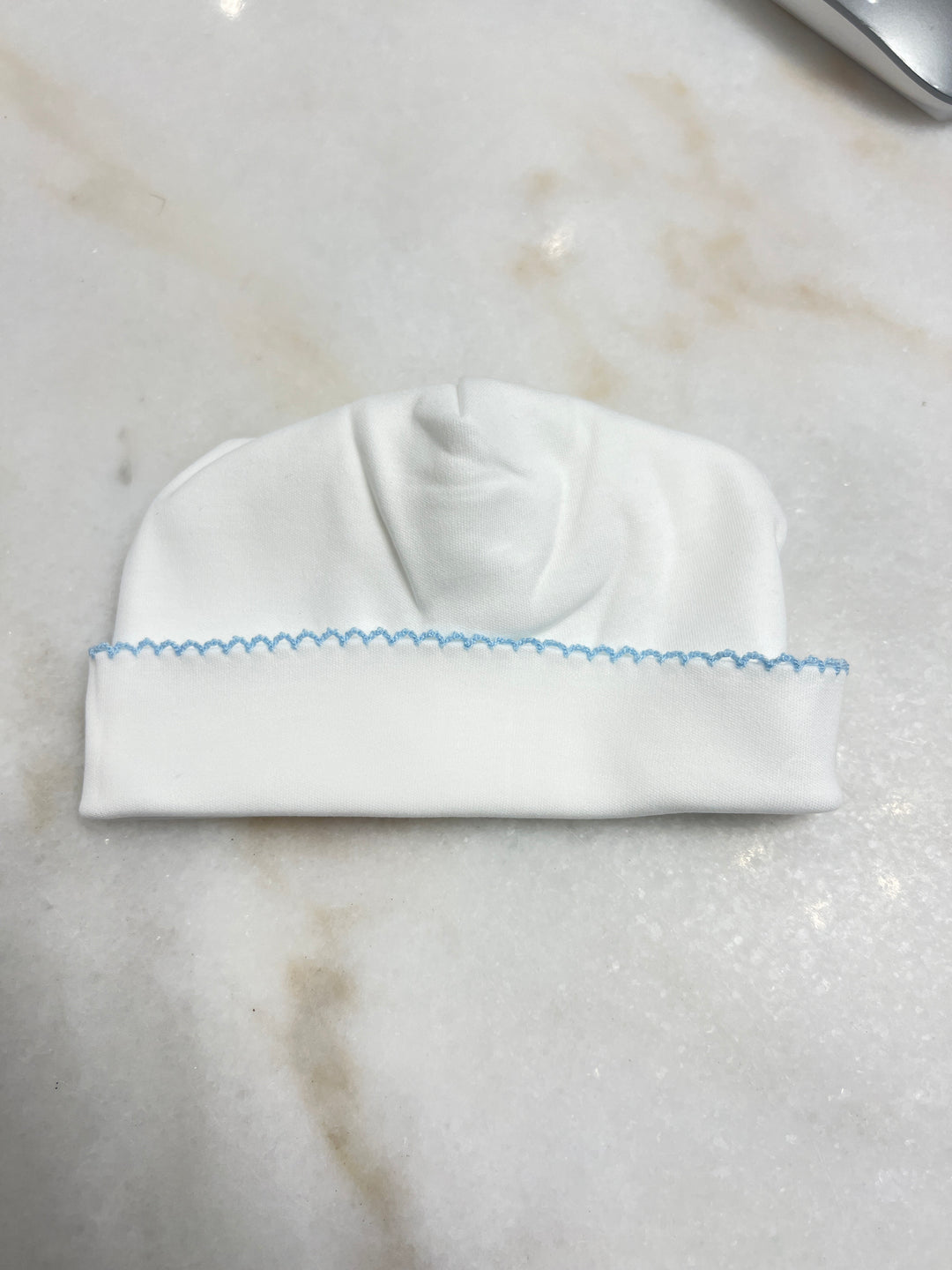 Baby Picot Trim Hat - Cream hat blue trim