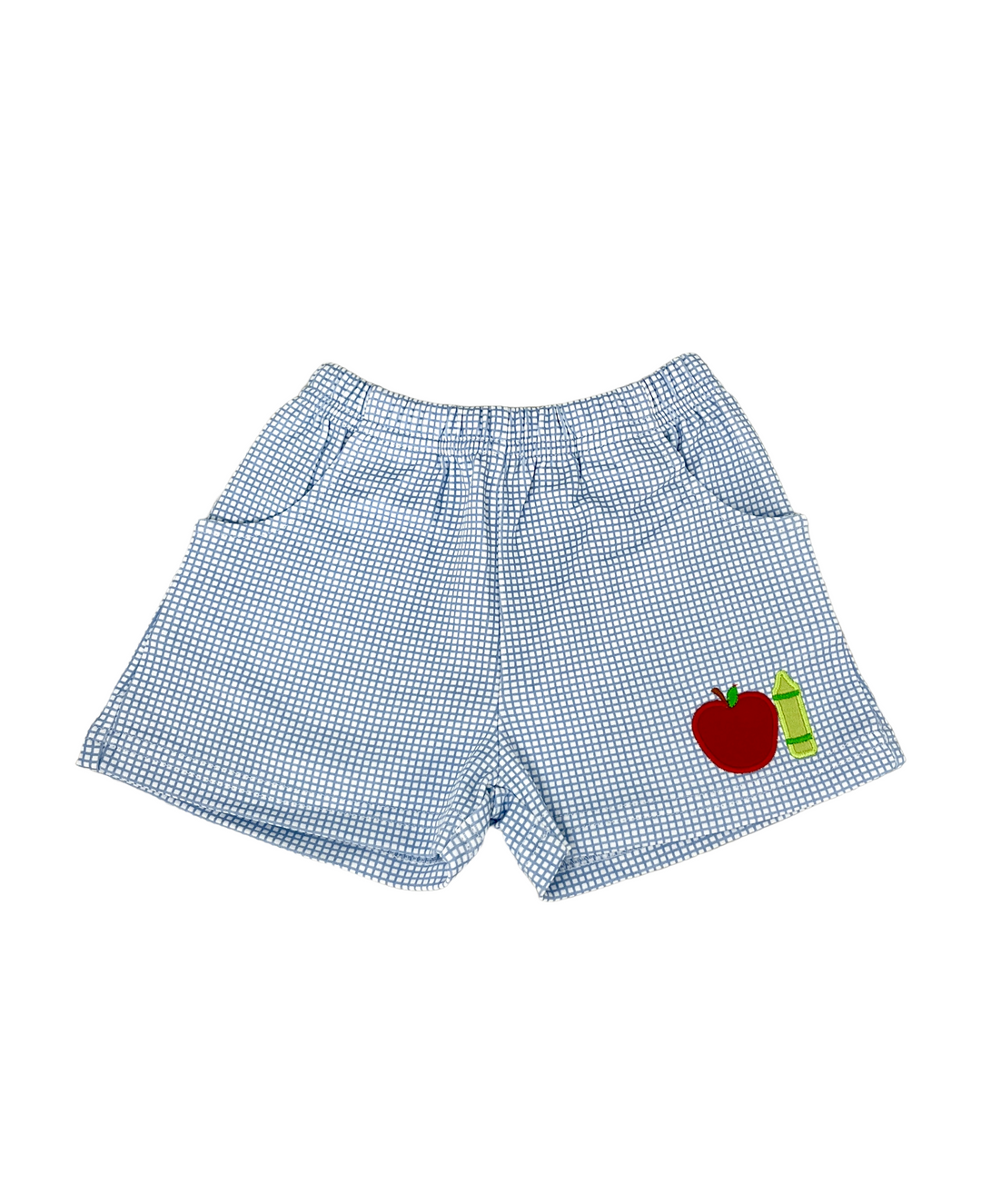 Luigi - Light Blue Gingham Short with Apple and Crayon Appliqué
