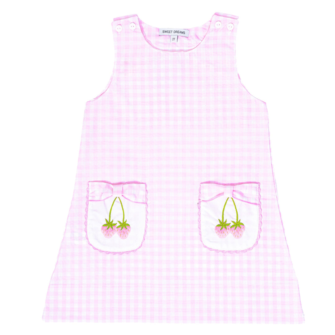 Pink Gingham Embroidered Strawberry Bow Pocket Dress