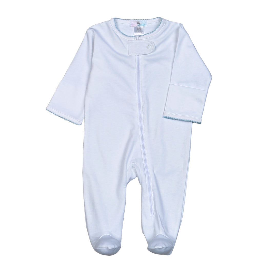 White Zipper Footie - Blue Picot Trim