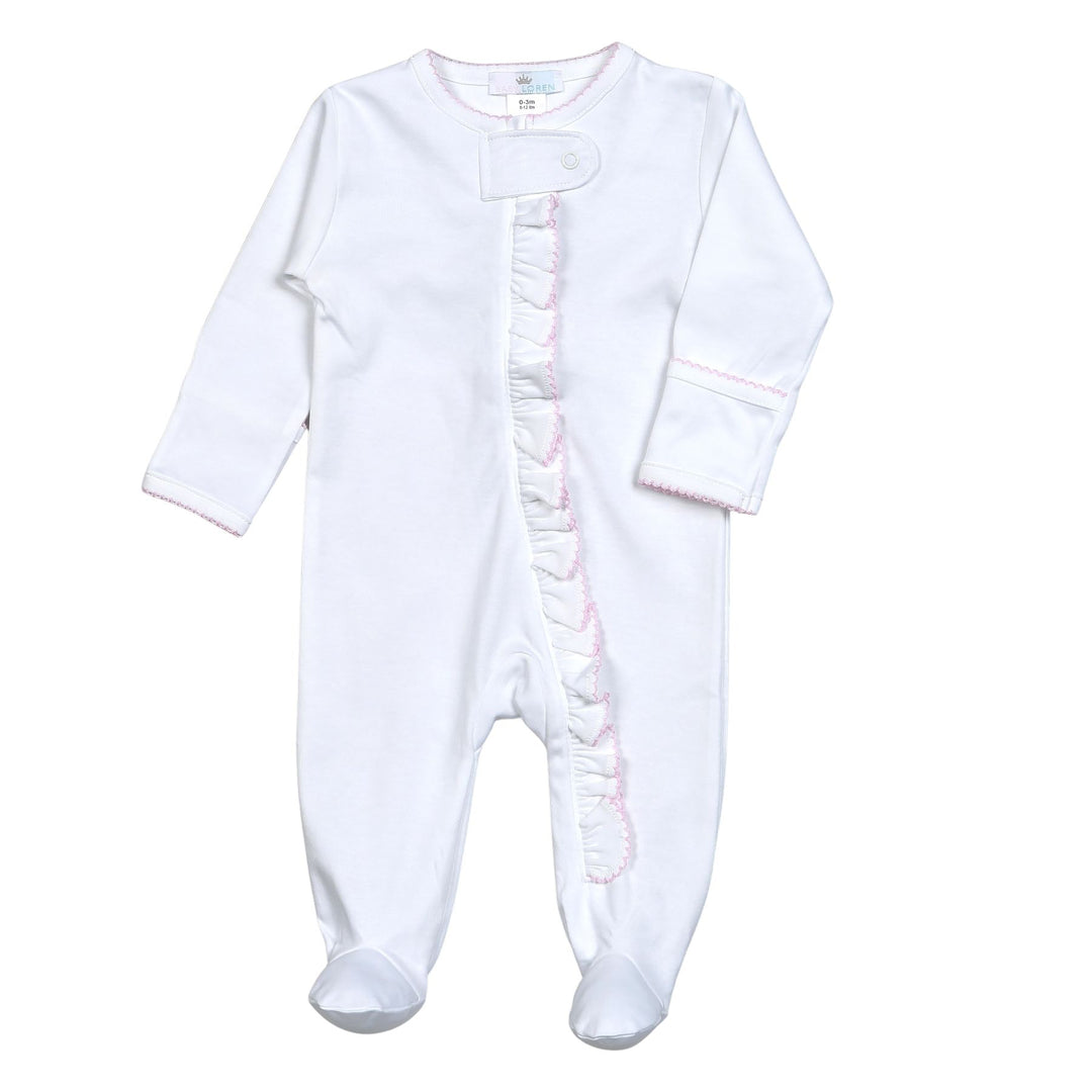 White Zipper Footie - Pink Picot Trim
