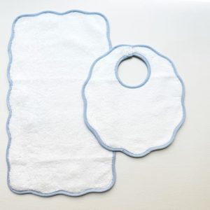 Terry Tots - Bib and Burp Set - Blue Striped Scalloped Edge