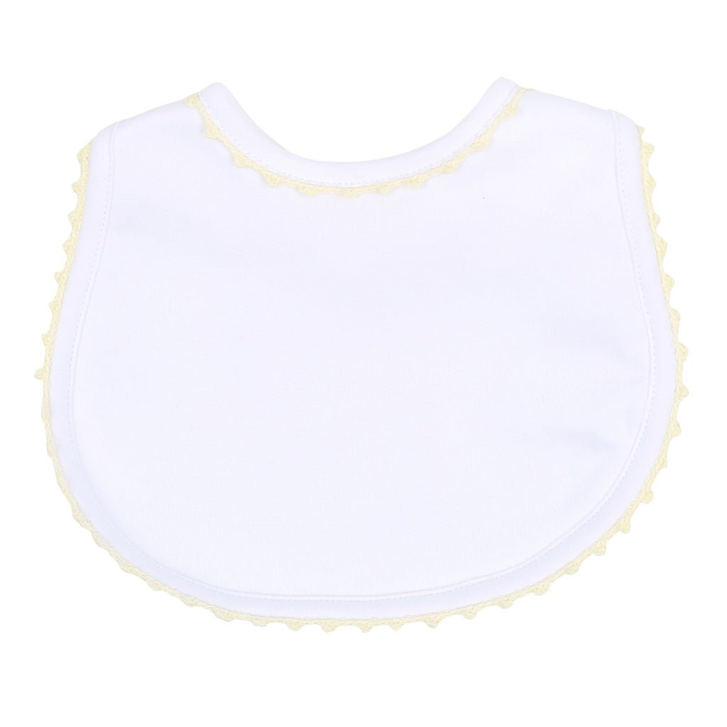 Magnolia Baby- Baby Joy Bib with Yellow Crochet Trim