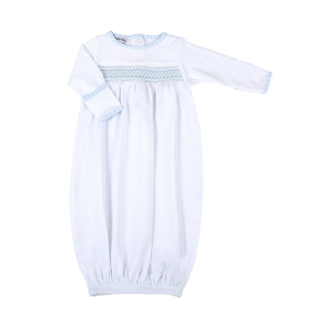 Magnolia Baby New Beginnings Blue Smocked Gathered Gown