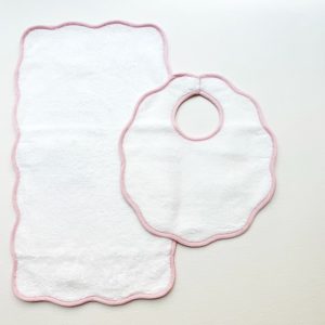 Terry Tots - Bib and Burp Set - Pink Striped Scalloped Edge