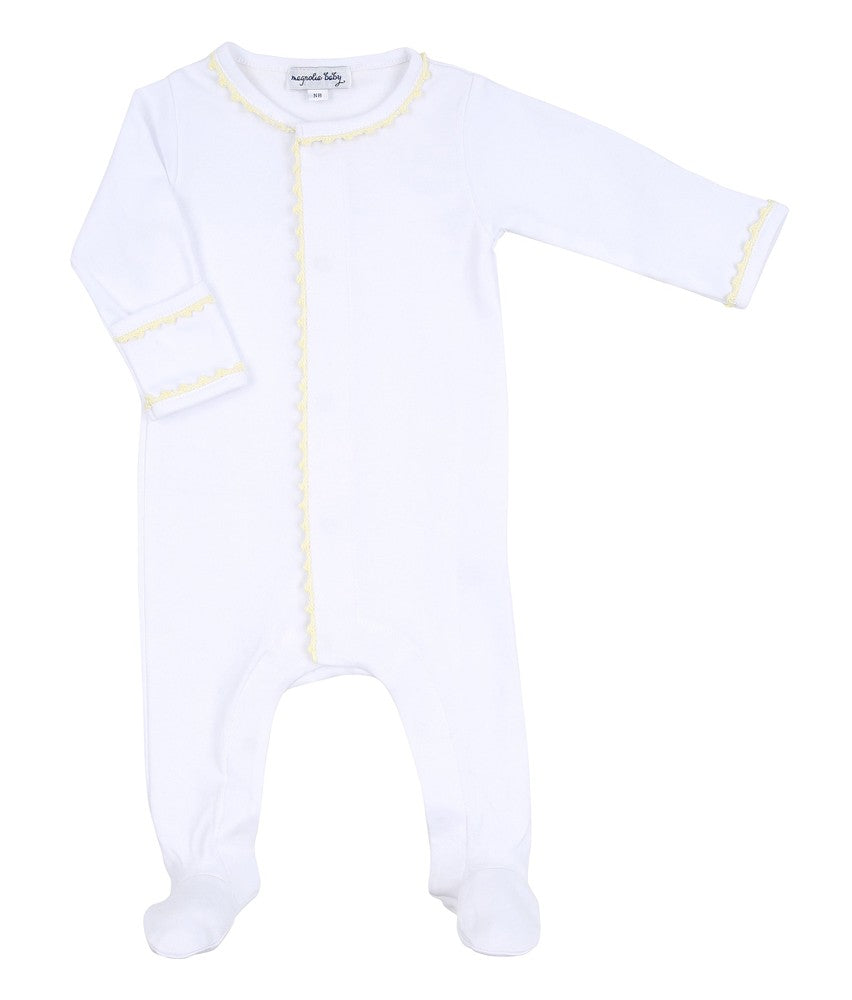 Magnolia Baby Baby Joy Footie with Yellow Crochet Trim