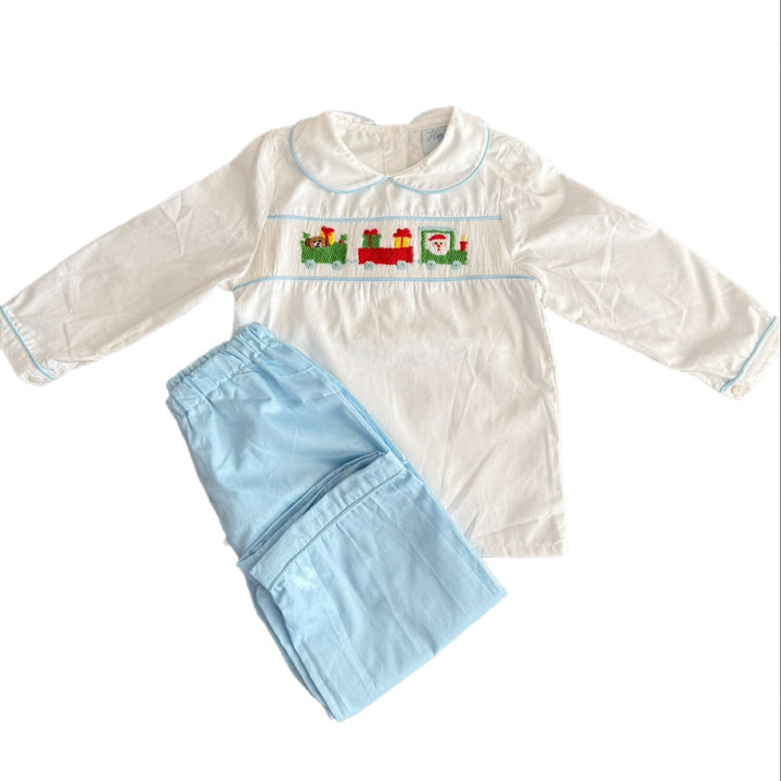 Christmas Train Smocked Light Blue Pant Set