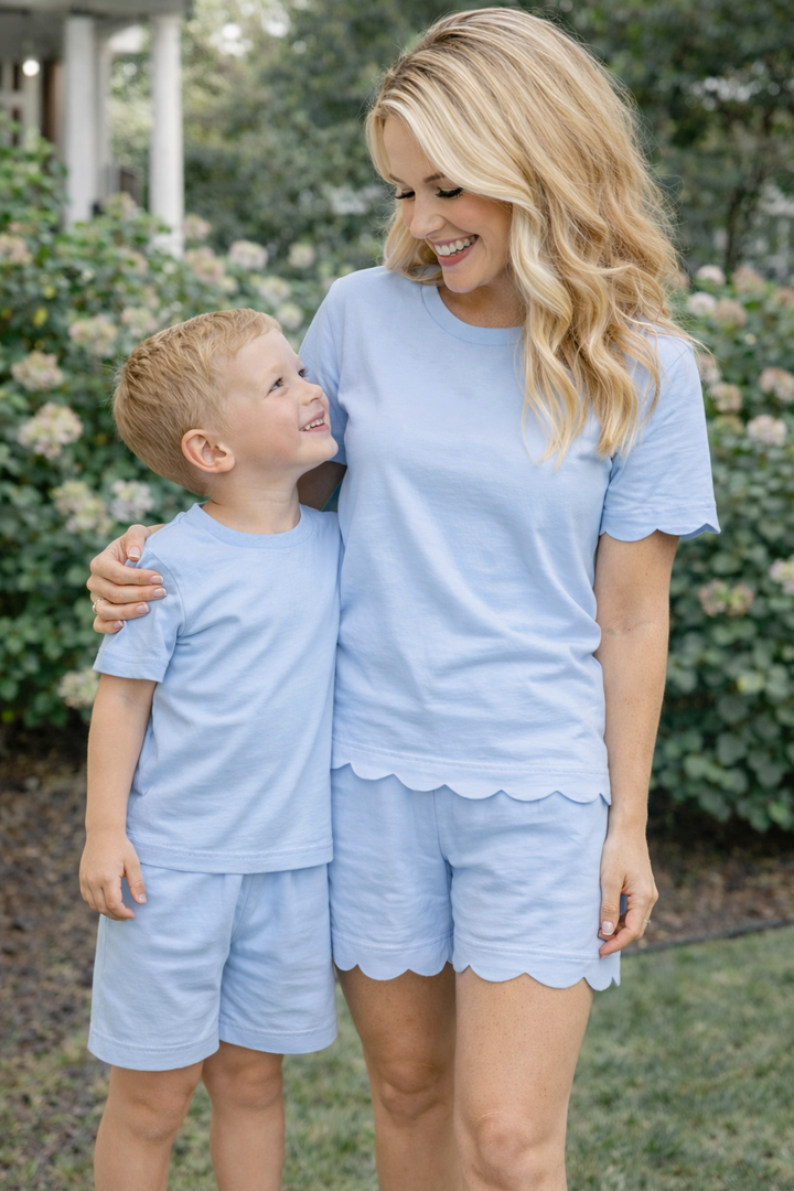 ADULT Hampton James Scalloped Cotton Short Set - Light Blue
