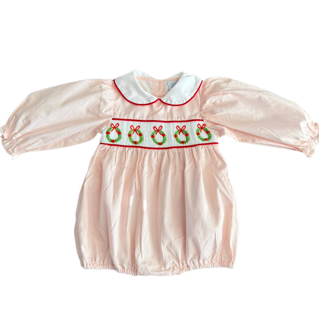 Christmas Wreaths Smocked Light Pink Bubble
