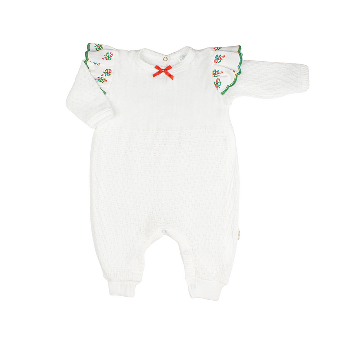 Paty Knit Angel Sleeve Romper w/Swiss Candy Cane Trim (Christmas Collection)