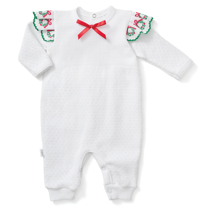 PatyKnit™ Angel Sleeve Christmas Romper with Swiss Wreath Trim