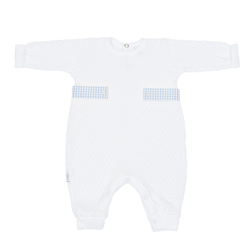 Blue Paty Knit Long & Short Sleeve Romper with Gingham Tabs #166LSGHM
