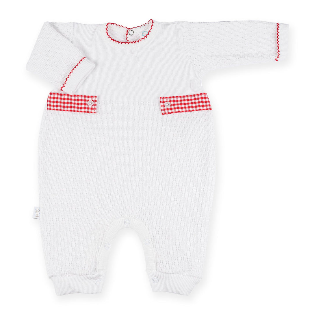 Red Paty Knit Long Sleeve Romper with Gingham Tabs #166LSGHM
