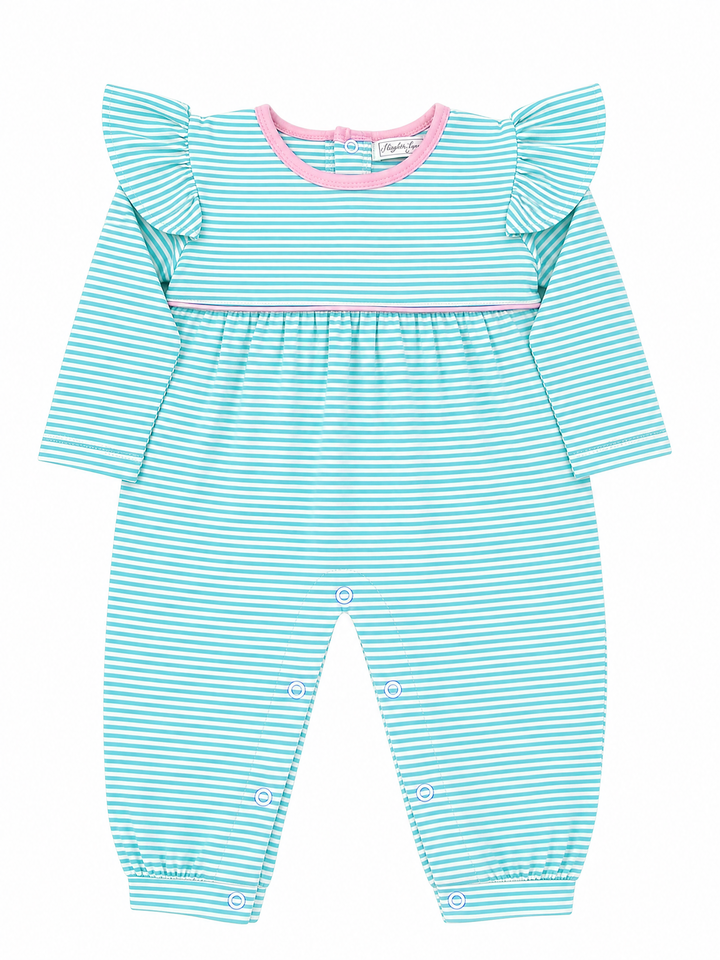 Everyday LS Teal Romper with Pink Trim