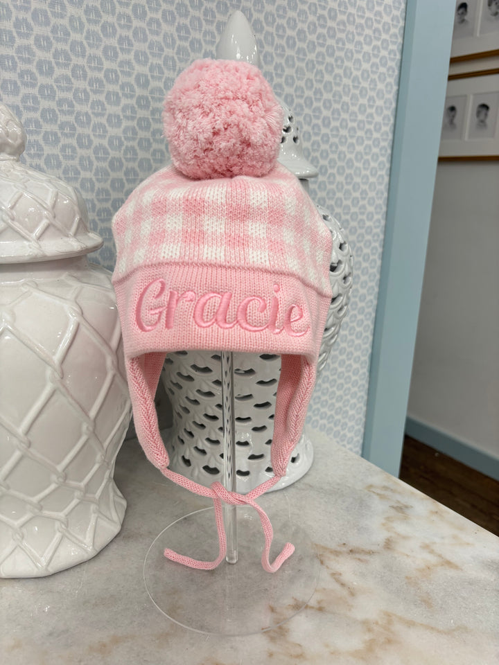Hampton James Ear Flap Pink Check Hat
