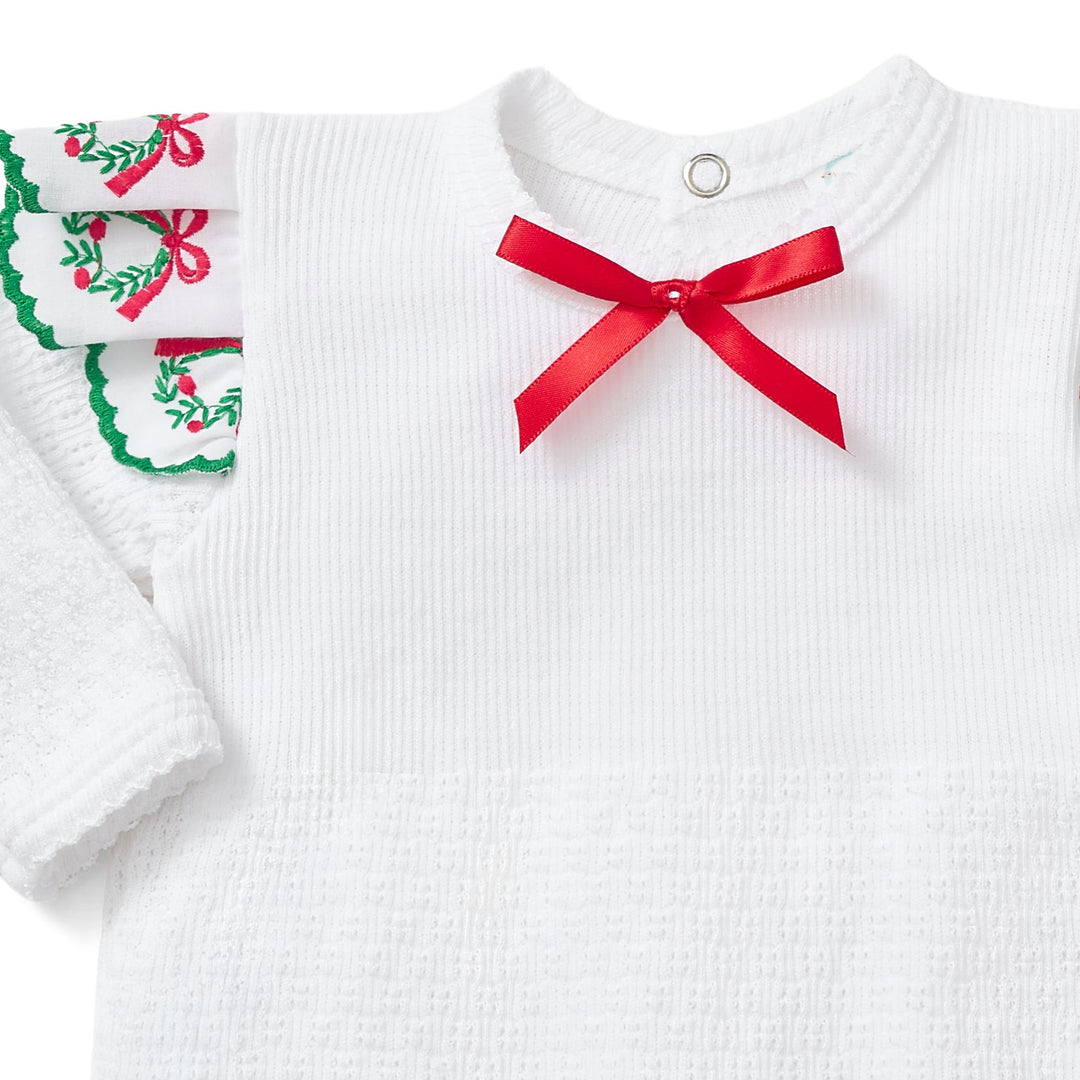 PatyKnit™ Angel Sleeve Christmas Romper with Swiss Wreath Trim