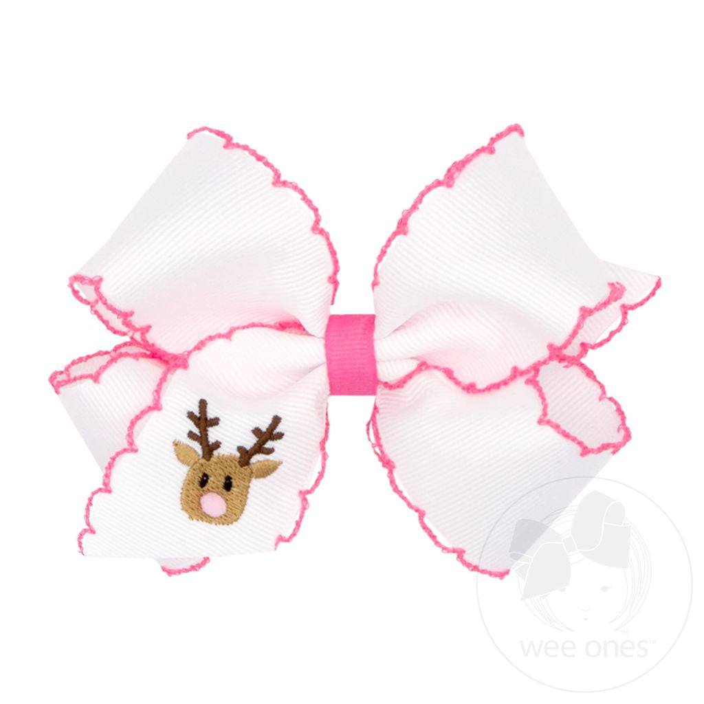 Wee Ones: Medium Moonstitch White Christmas Embroidered Hair Bows - Reindeer