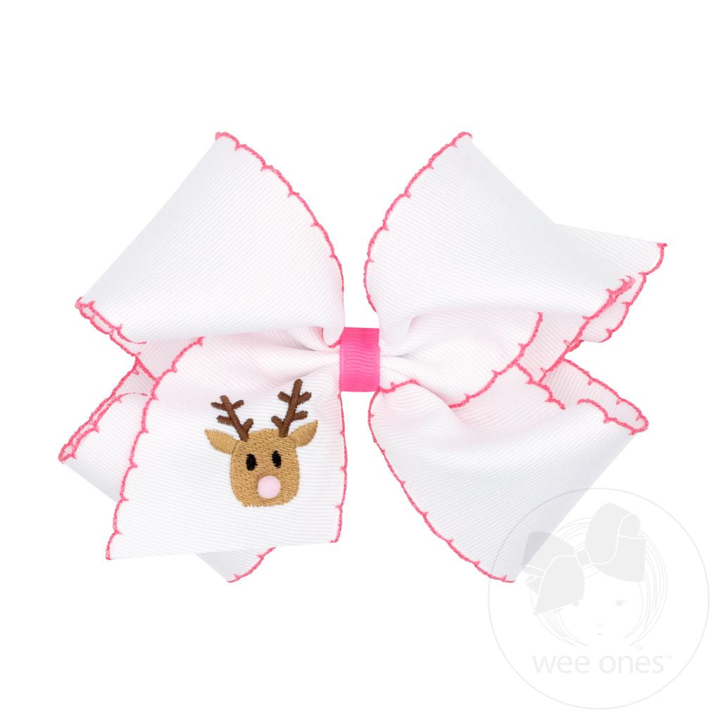 Wee Ones: King Moonstitch White Reindeer Christmas Embroidered Hair Bows