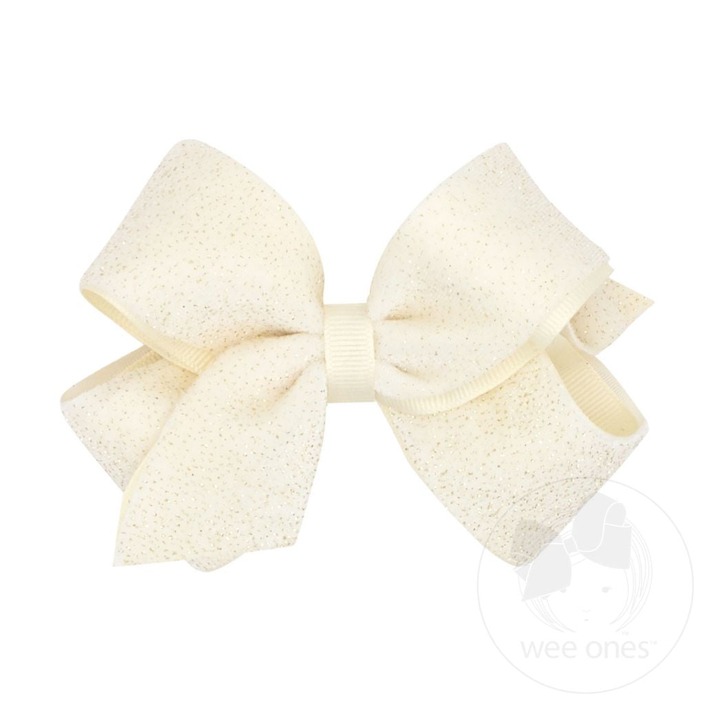 Wee Ones: Medium Antique White Sparkle Velvet and Grosgrain Underlay Hair Bow