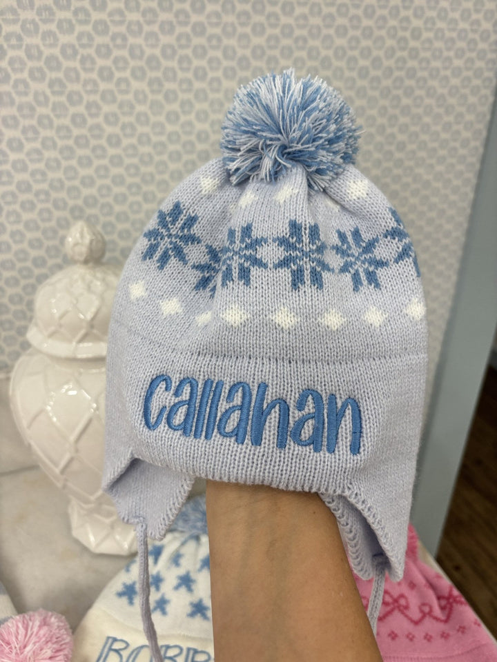 Blue Snowflakes Knit Ear Flap Hat embroidered with name