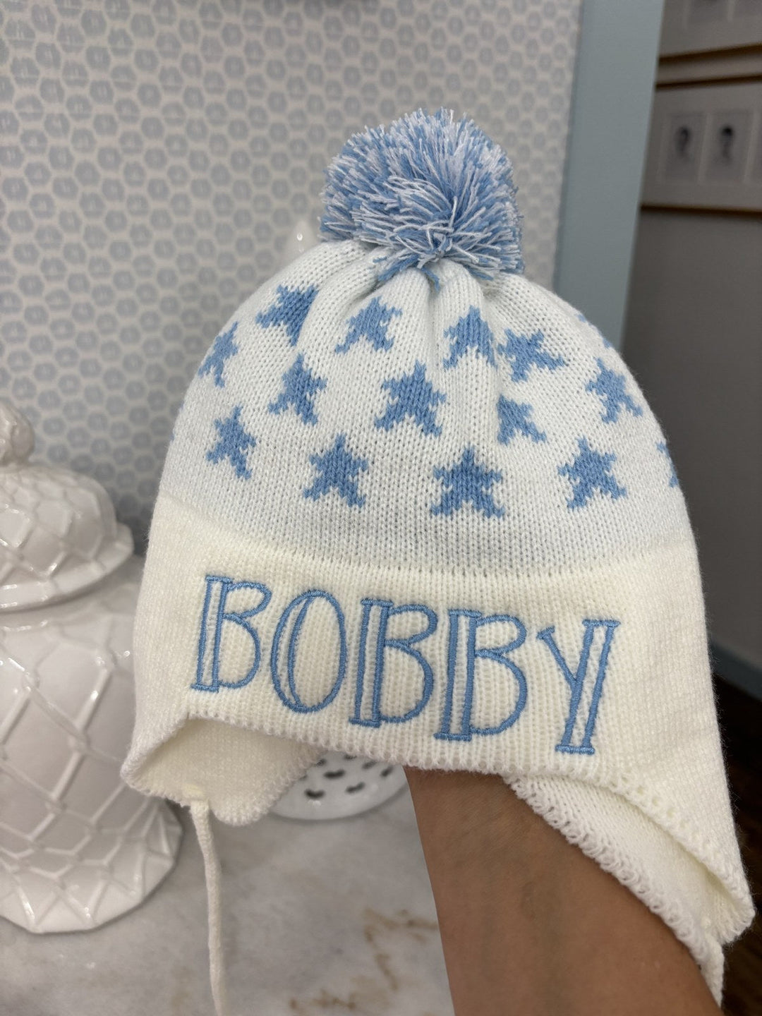 Blue Stars Knit Ear Flap Hat embroidered with name