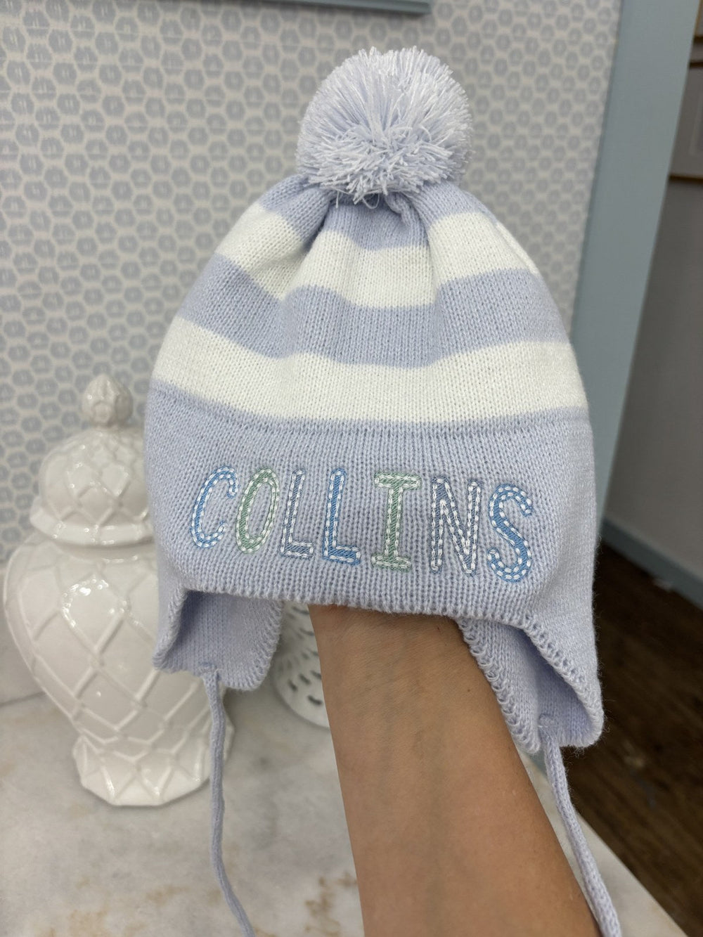 Blue Stripe Knit Ear Flap Hat embroidered with name