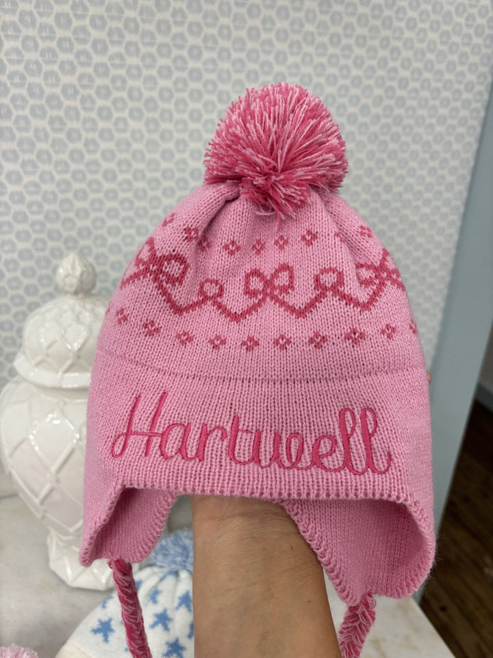 Pink Bows Knit Ear Flap Hat embroidered with name