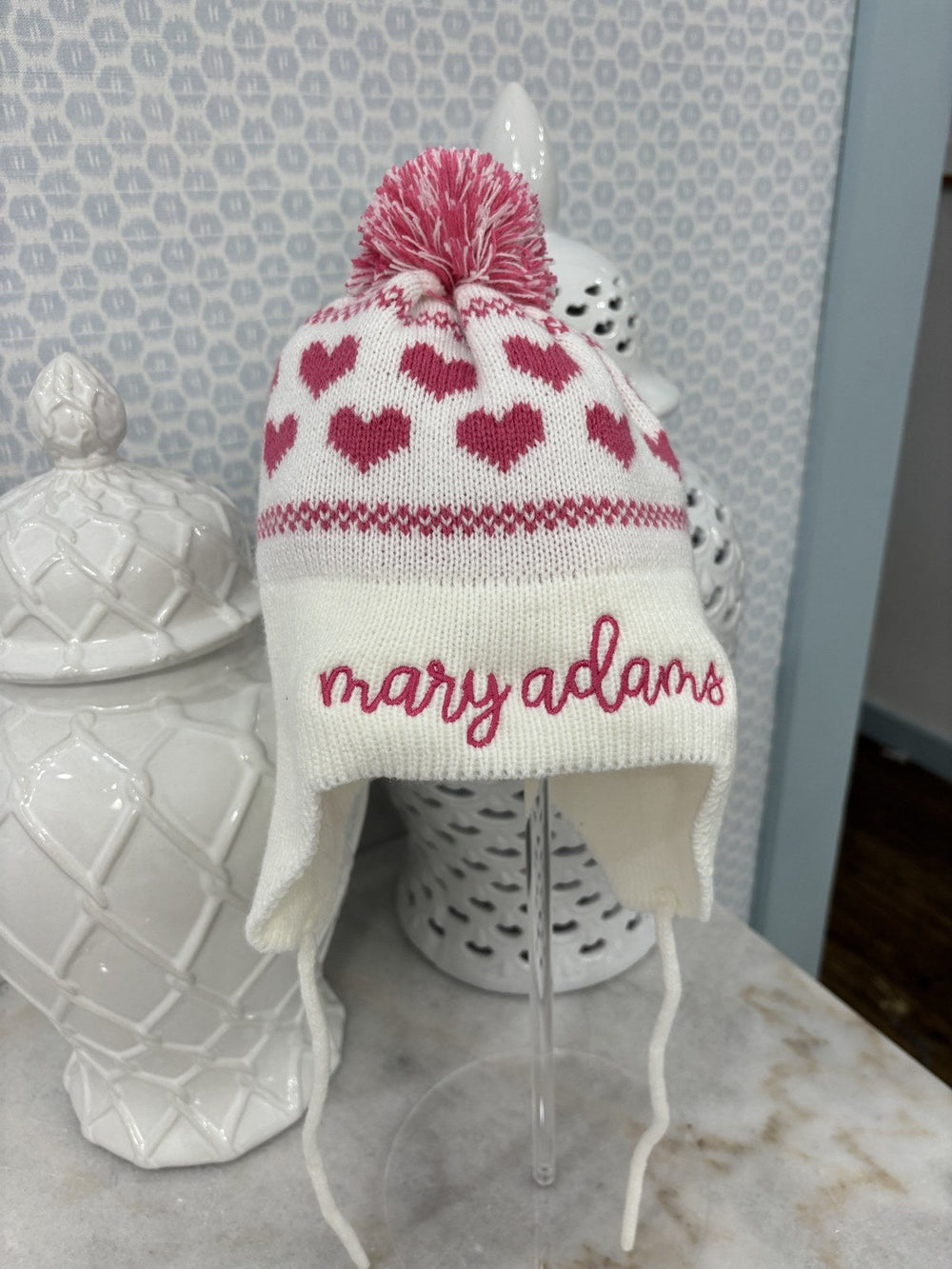 Pink Hearts Knit Ear Flap Hat embroidered with name