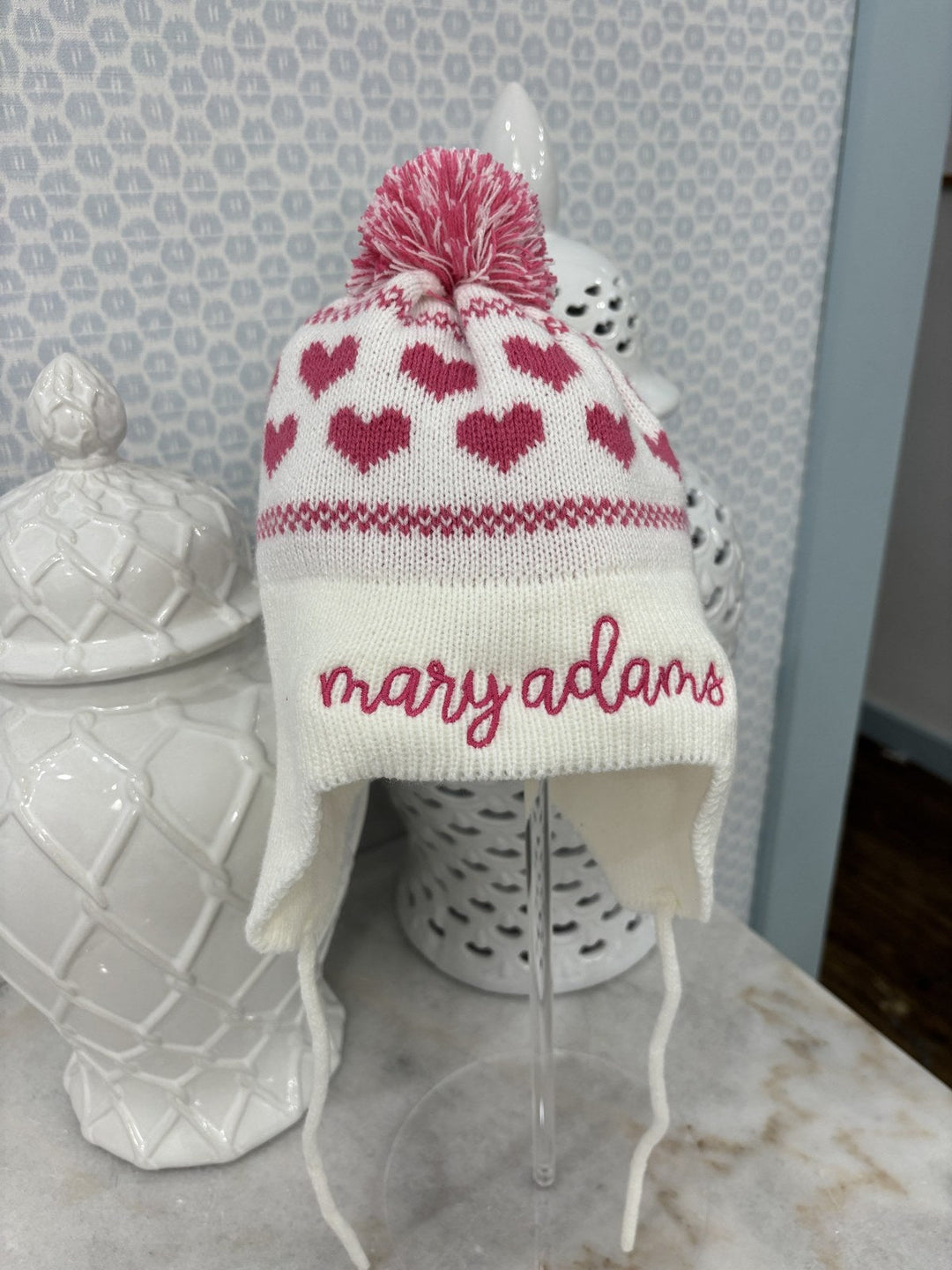 Pink Hearts Knit Ear Flap Hat embroidered with name