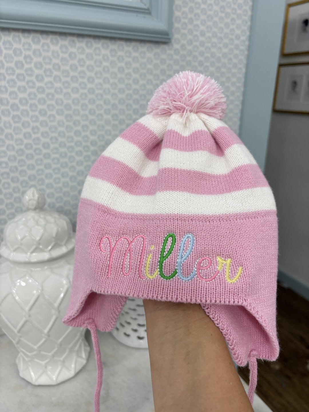 Pink Stripe Knit Ear Flap Hat embroidered with name