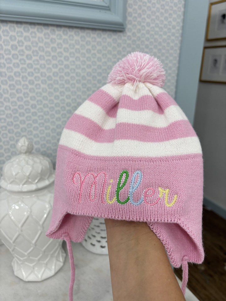 Pink Stripe Knit Ear Flap Hat embroidered with name