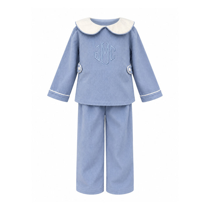 Hampton James blue corduroy collared top and pant set with monogram