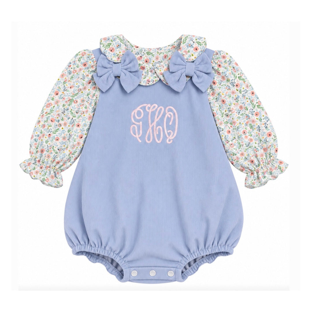 Hampton James blue corduroy bubble with floral sleeves, bows and monogram