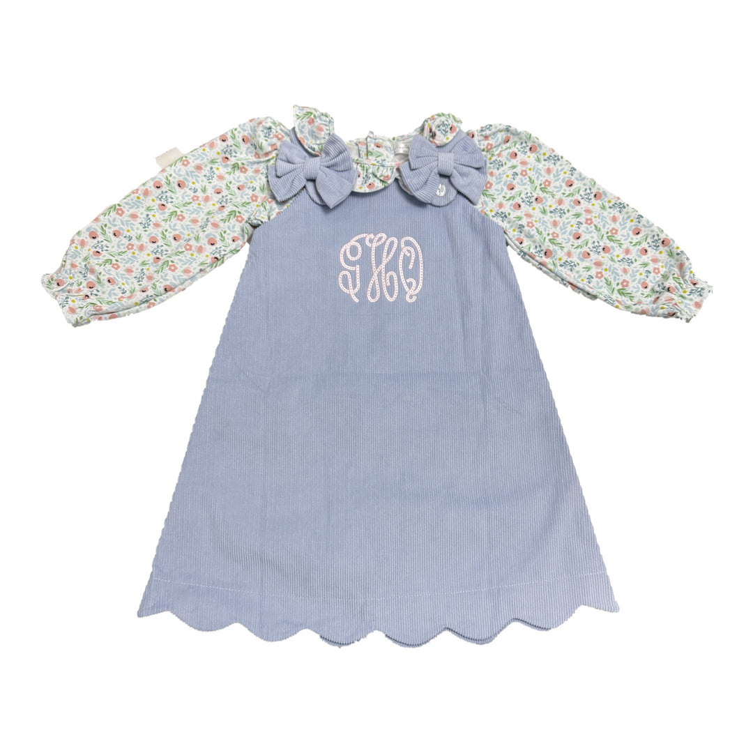 Hampton James blue corduroy scalloped dress with floral sleeves and monogram