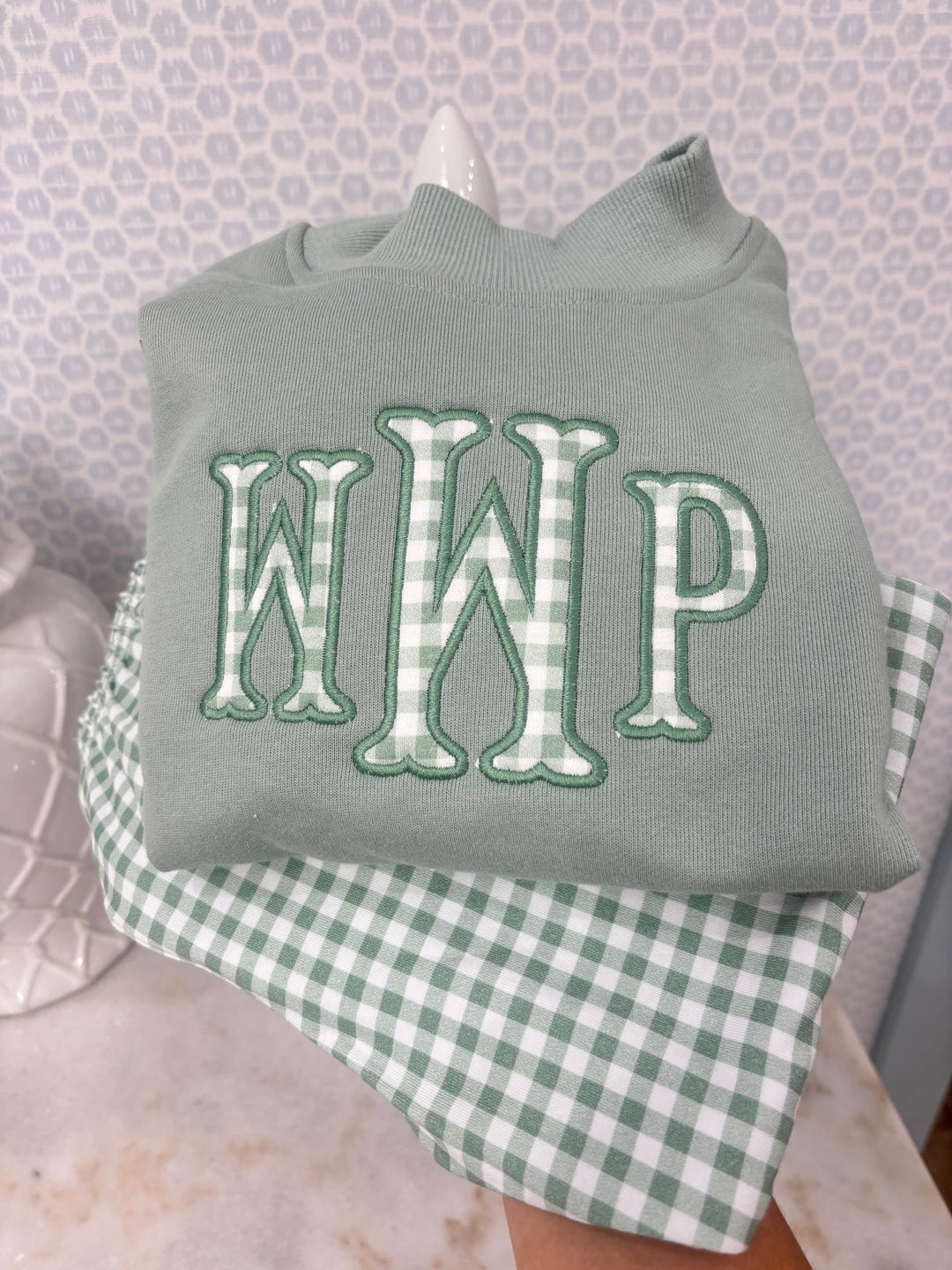 Gingham Knit Pants - Sage