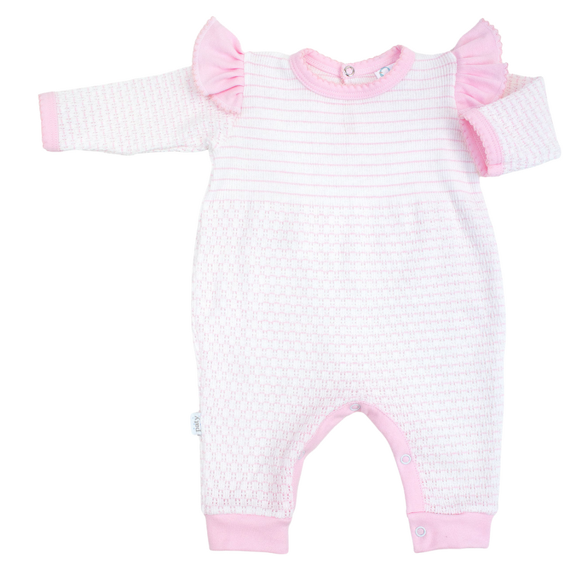 Pink Paty Knit Long Sleeve Pinstripe Romper with Ruffle Shoulder Trim #366LSASJ