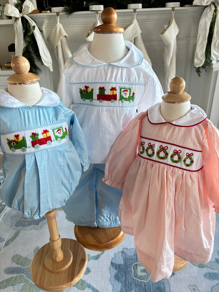 Christmas Train Smocked Light Blue Pant Set