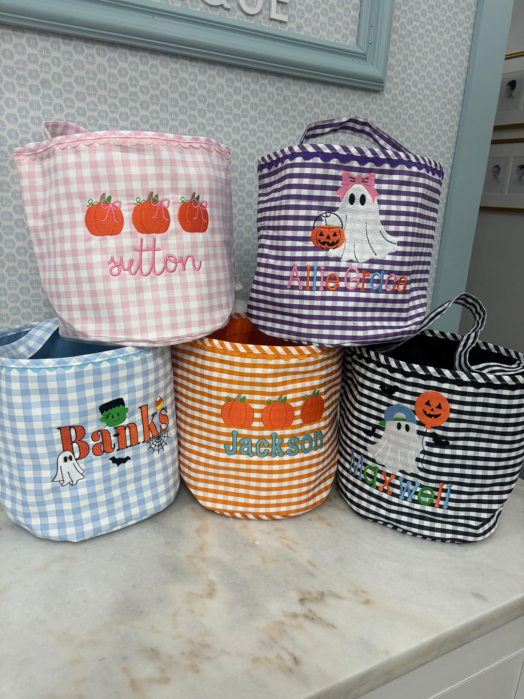 Light Blue Gingham Halloween Bucket