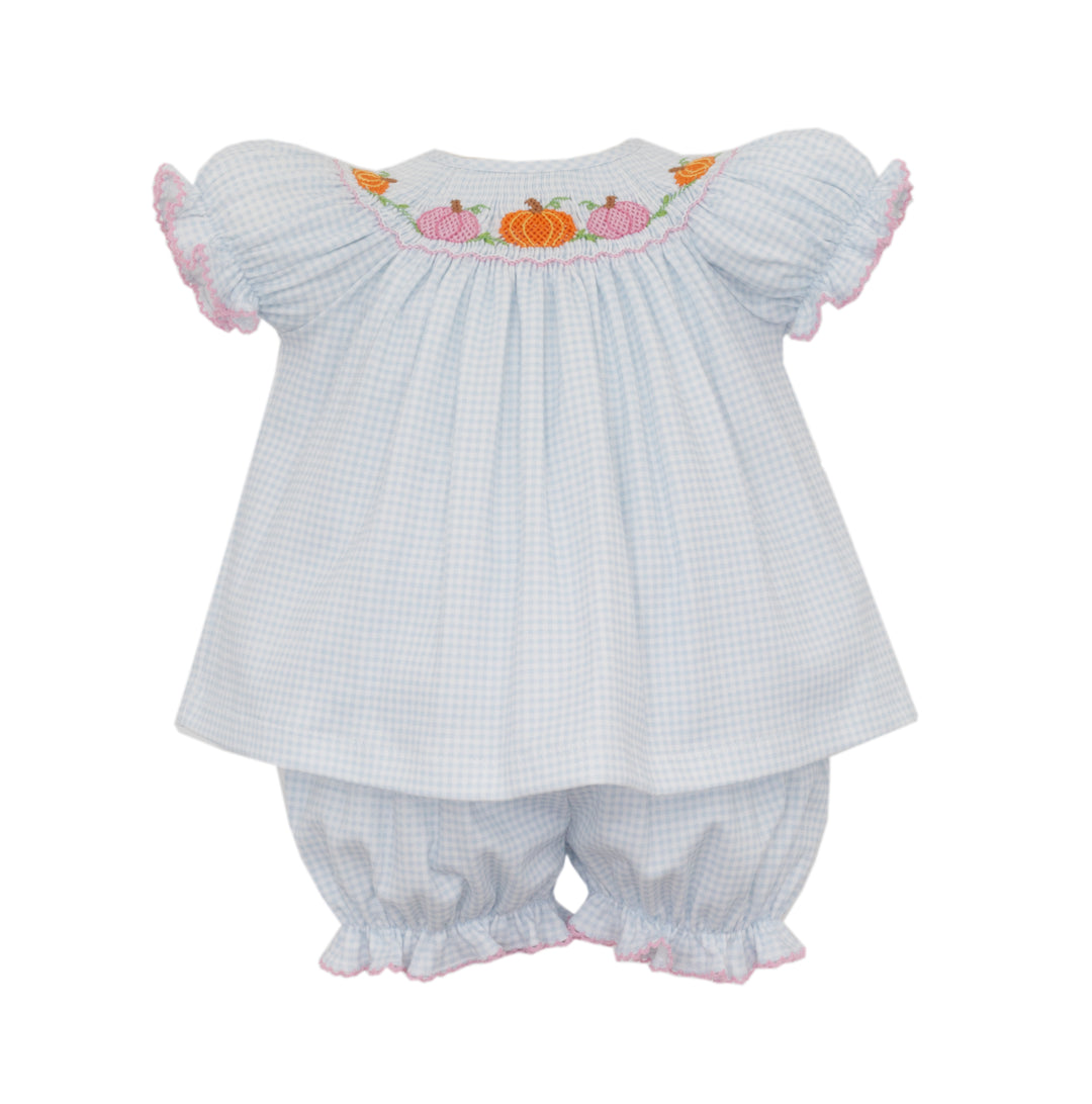 Petit Bebe -  Blue Gingham Knit Bishop Bloomer Set - Pumpkin