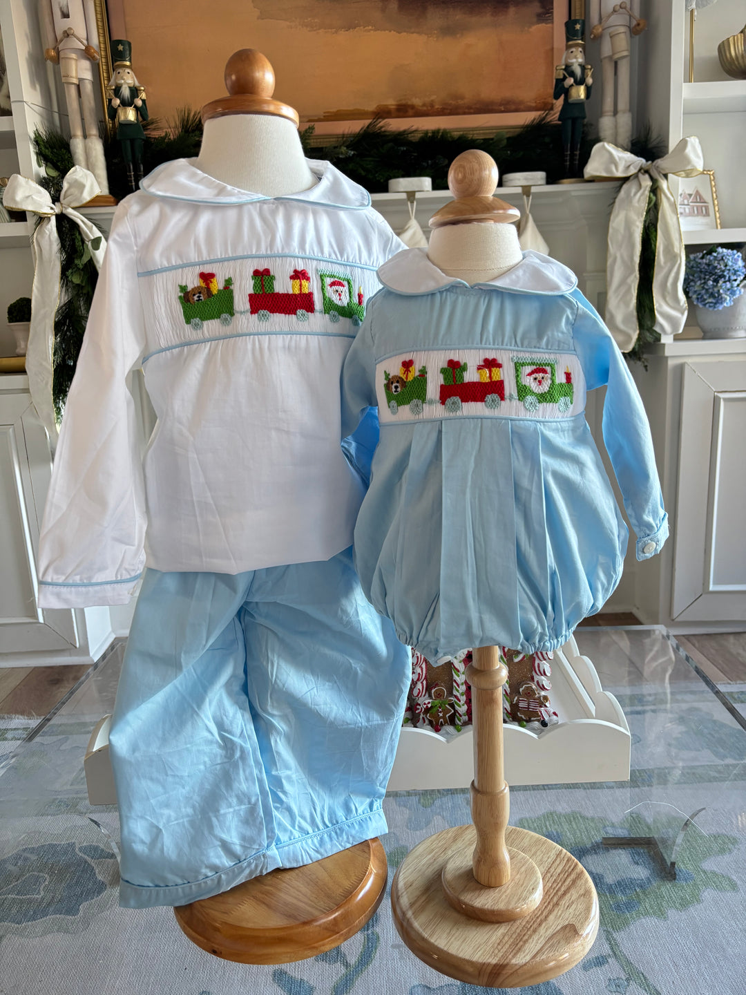 Christmas Train Smocked Light Blue Pant Set