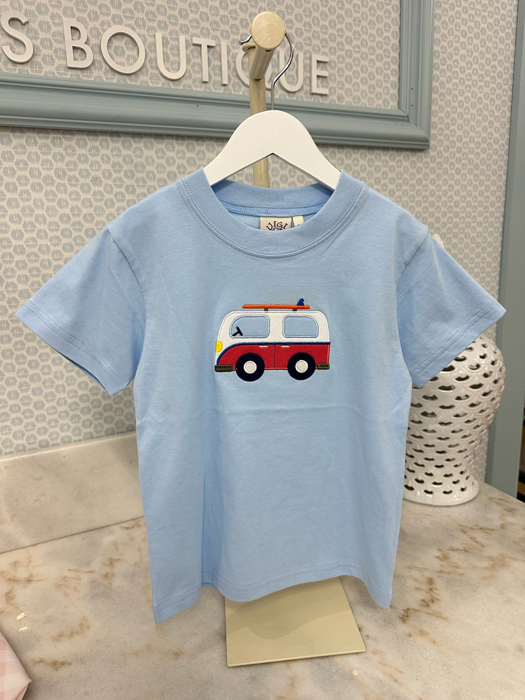 Luigi - Van w/Surfboard Short Sleeve T-shirt - Light Sky Blue